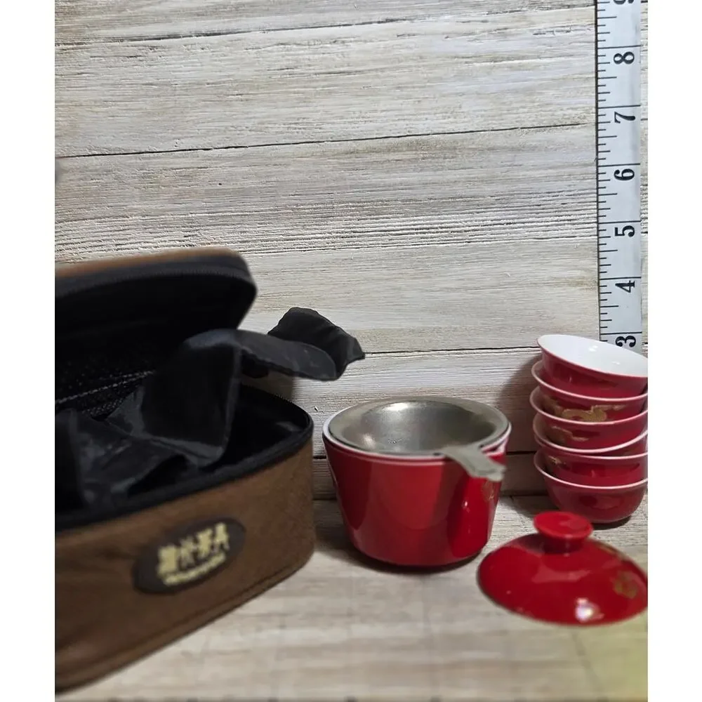 Dehua Porcelain Gongfu Travel Tea Set 12 Pc Red Gold Dragon Cups Case New